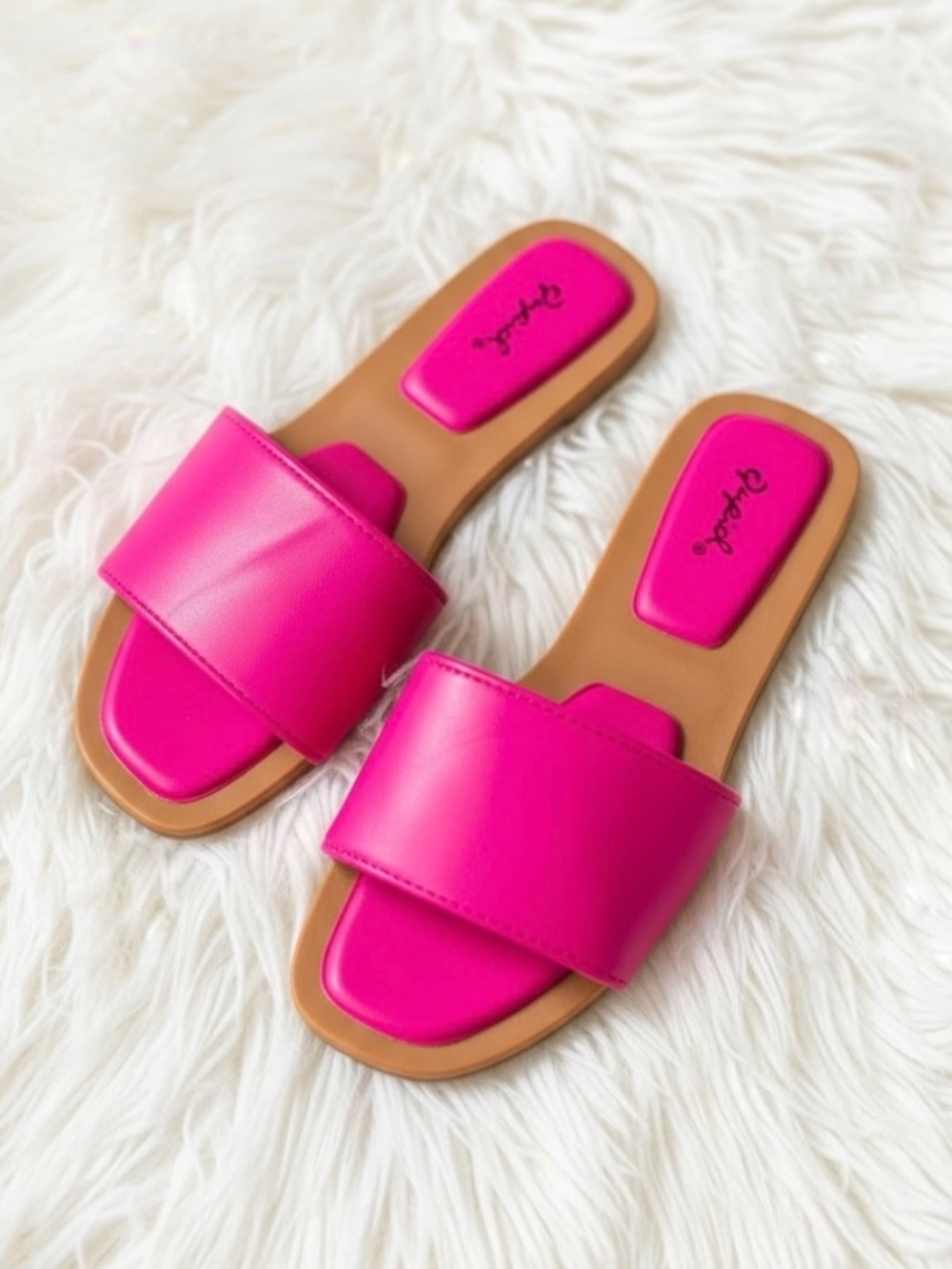 Qupid Hot Pink Wide Band Slide Sandals | Vegan Leather Open Toe Flats - Picture 4 of 4